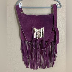 RAJ Handmade 100% suede LEATHER Purple Fringe Messenger Bag Purse